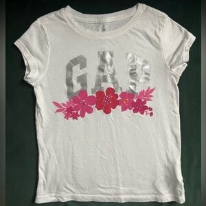 GAP Kids White Tee with Silver Logo and Pink Floral Design